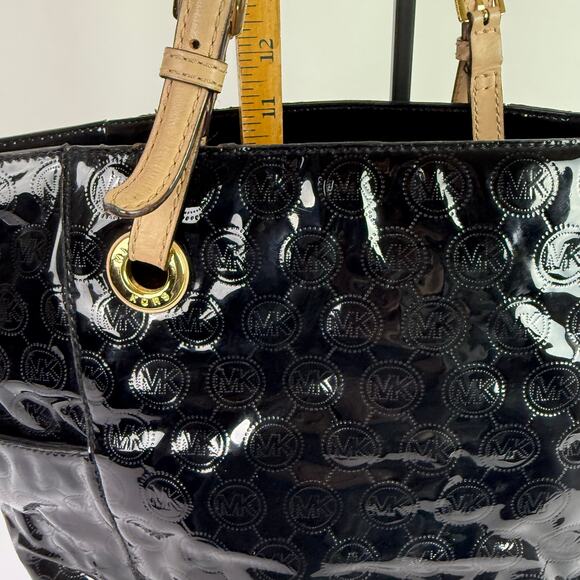 Michael Kors Jet Set Shoulder Tote Bag Black Patent Leather Logo Pattern AV-1302 - Picture 9 of 16